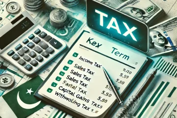 Key taxation terms in Pakistan with financial elements including tax forms, calculator, Pakistani currency, and a digital display of tax categories.