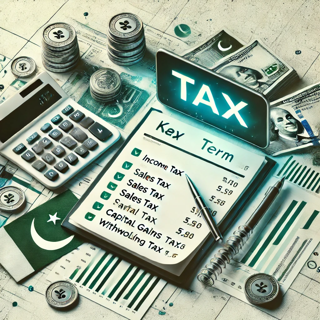 Key taxation terms in Pakistan with financial elements including tax forms, calculator, Pakistani currency, and a digital display of tax categories.